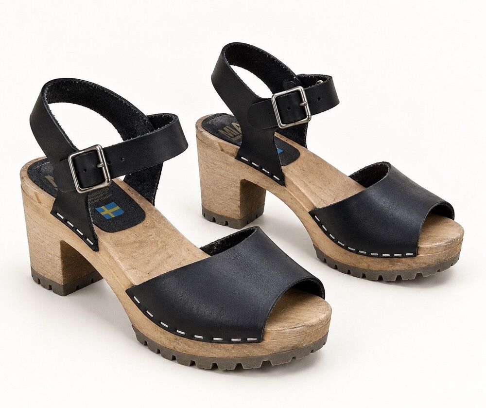 MIA Greta 1976 Black Leather Swedish Wooden Platform Clog Sandals; EU 36, US 7